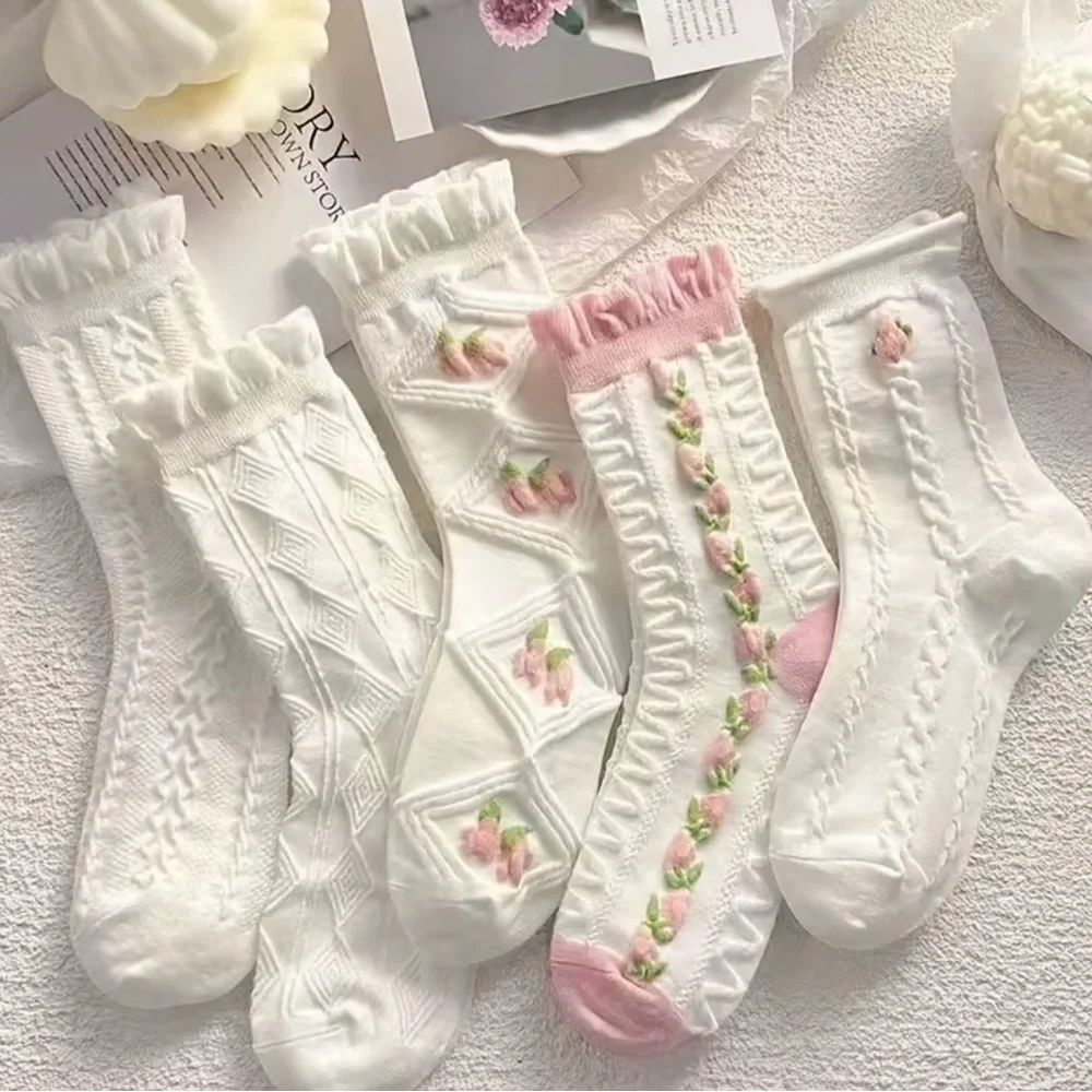 5-Pack Women's Socks, White Lace Mid-Calf Sweet Tulip Pink Embroidered Socks Set